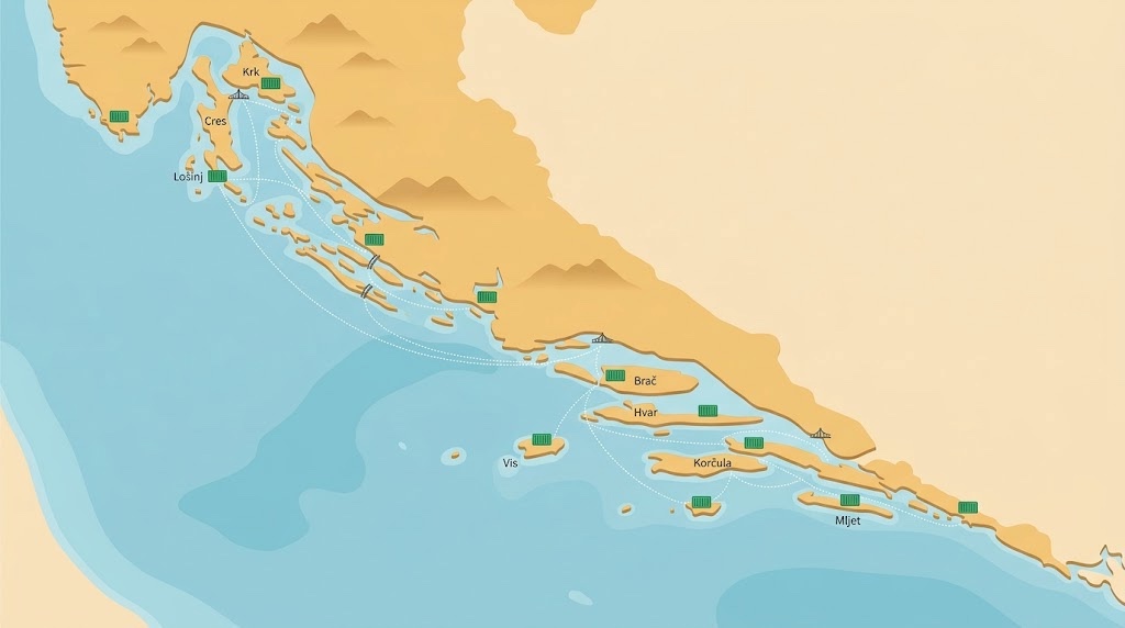 Karta Jadrana sa zelenim kontejnerima na otocima i trajektnim linijama